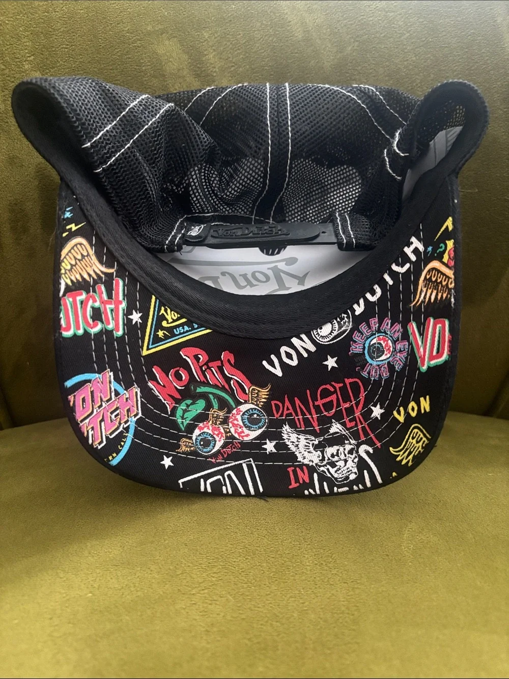 Von Dutch Black Trucker Cap with Colorful Graphic Patches NWOT